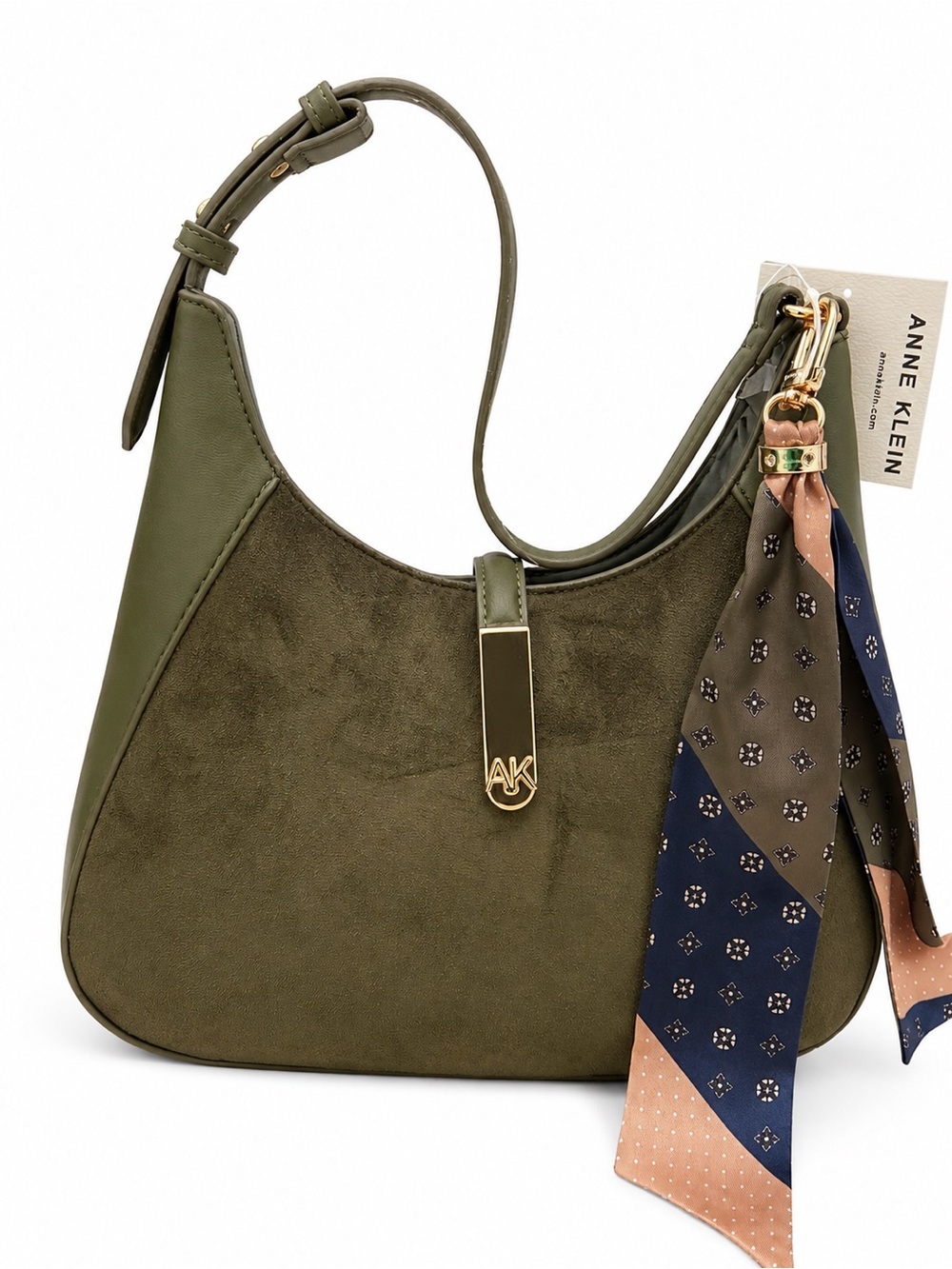 NWT Anne Klein Olive Suede Hobo with Printed Scarf Accent